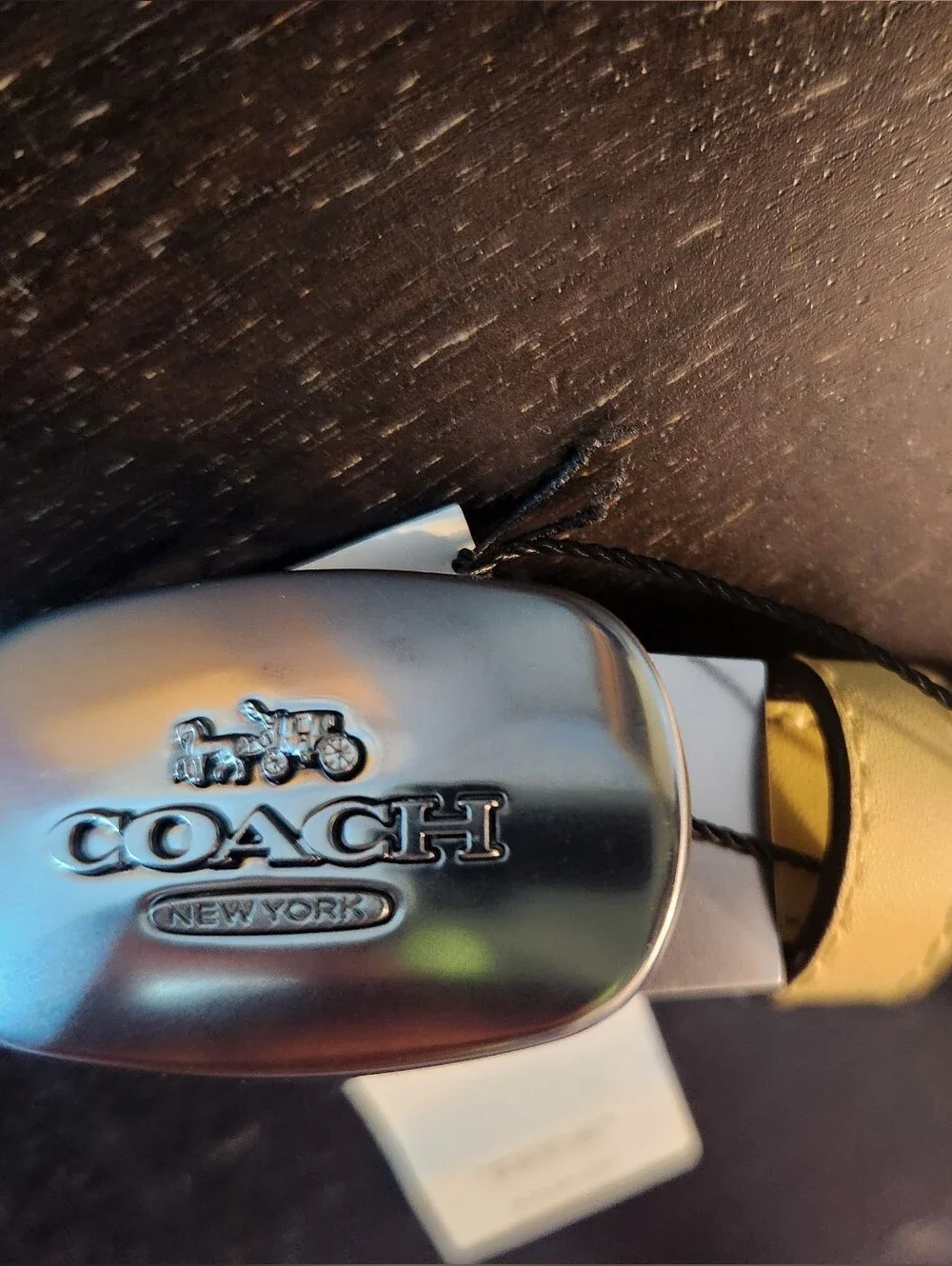 COACH Women's Yellow Leather Belt with Polished Silver Logo Buckle